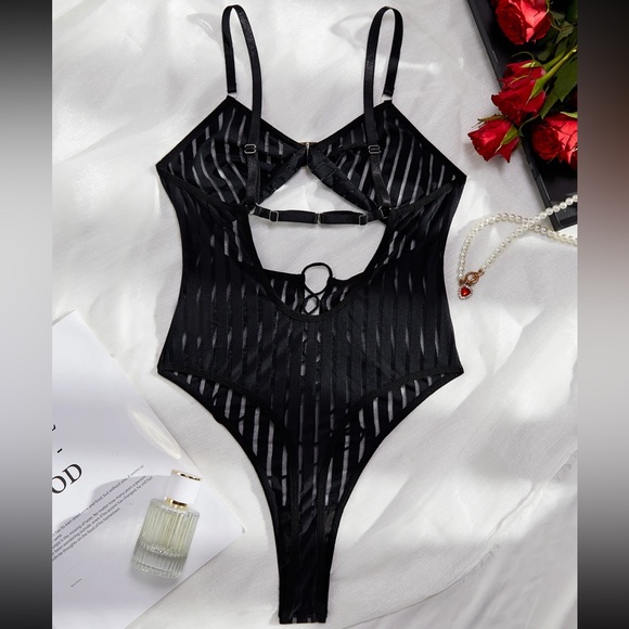 Black Pinstripe Cut Out Tie Up Sexy Lingerie Bodysuit - Picture 7 of 13